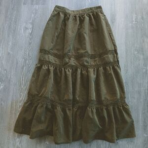 Farm Fancy Dark Olive Green Crochet Lace Trim Midi Skirt